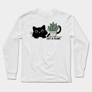 Cute black kitten and green plant - cat & plant Long Sleeve T-Shirt